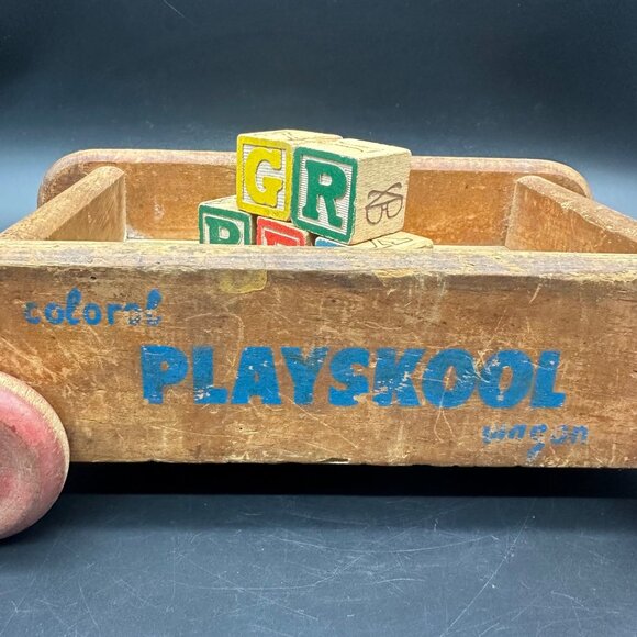 Vintage Playskool Wooden Wagon Pull Toy Blocks Rope Handle 1960s Mid Century - Picture 7 of 13